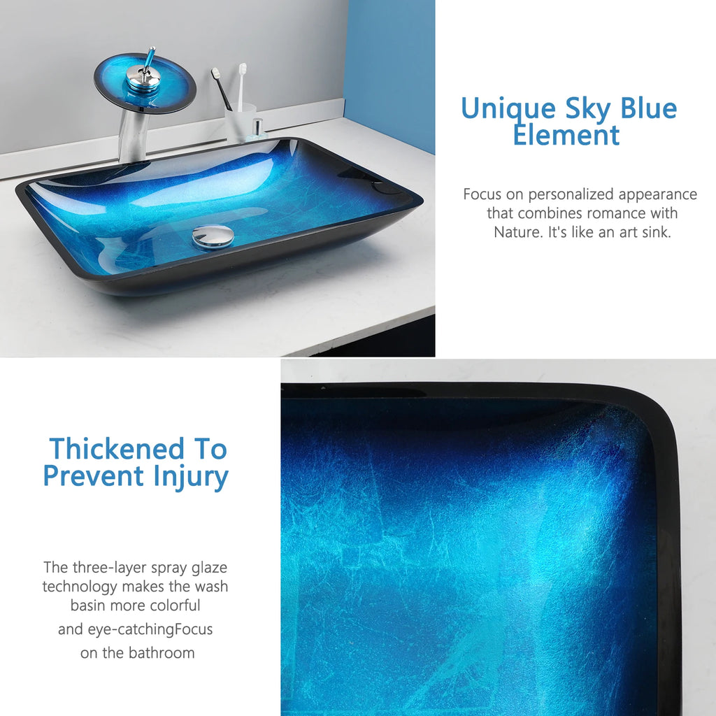 KEMAIDI Big Tempered Glass Basin Sink Washbasin Bathroom Vessel Sinks Counter Top Bowl Washroom Vessel Vanity Sink Faucet Set