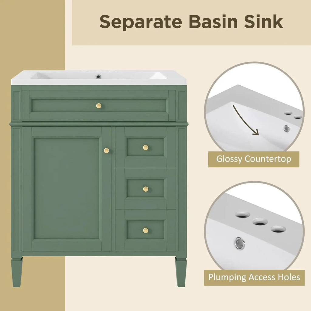 30" Bathroom Vanity Sink Modern Single Door 2 Drawers Tip-Out Drawer