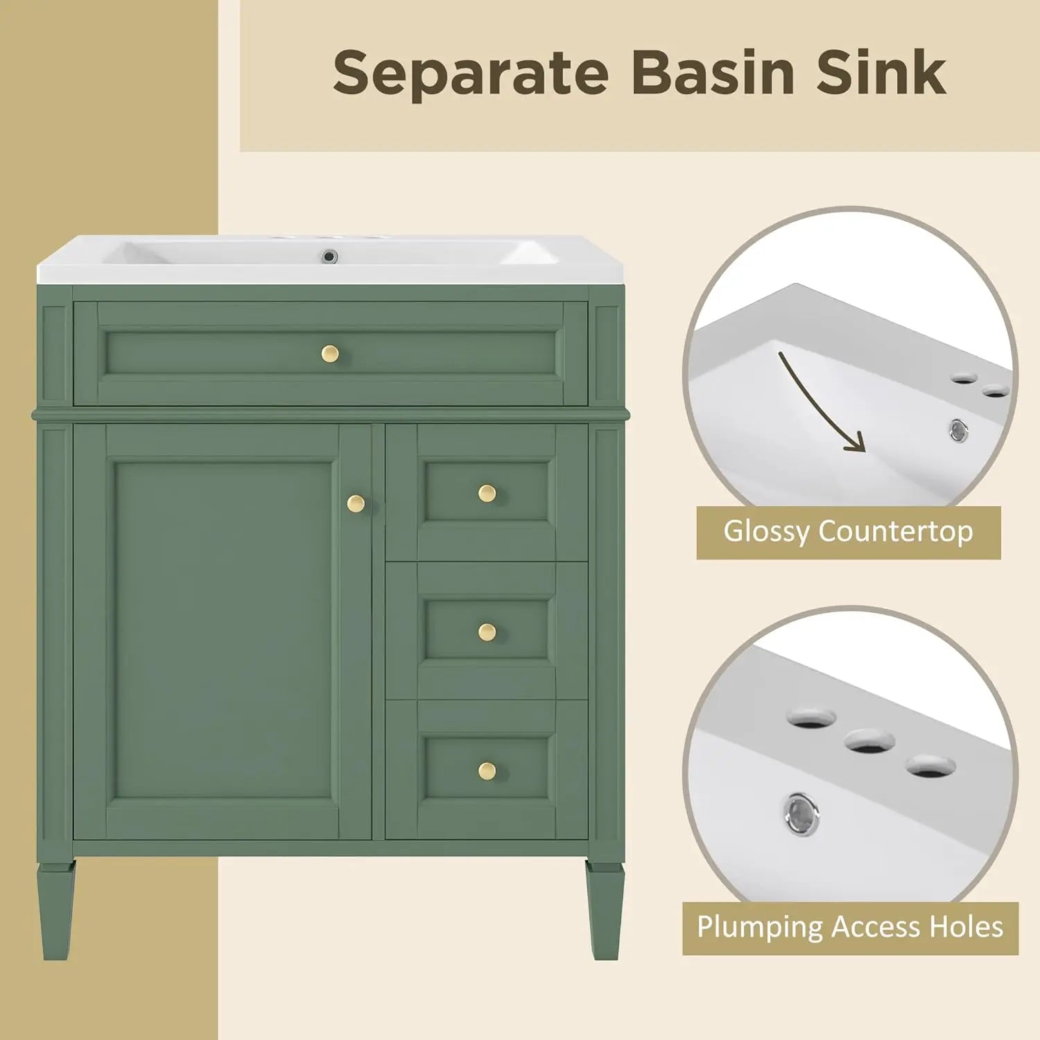 30" Bathroom Vanity Sink Modern Single Door 2 Drawers Tip-Out Drawer
