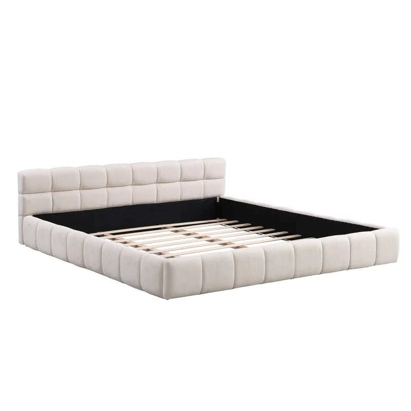 Elegant Beige Chenille King Bed with Checkerboard Pattern