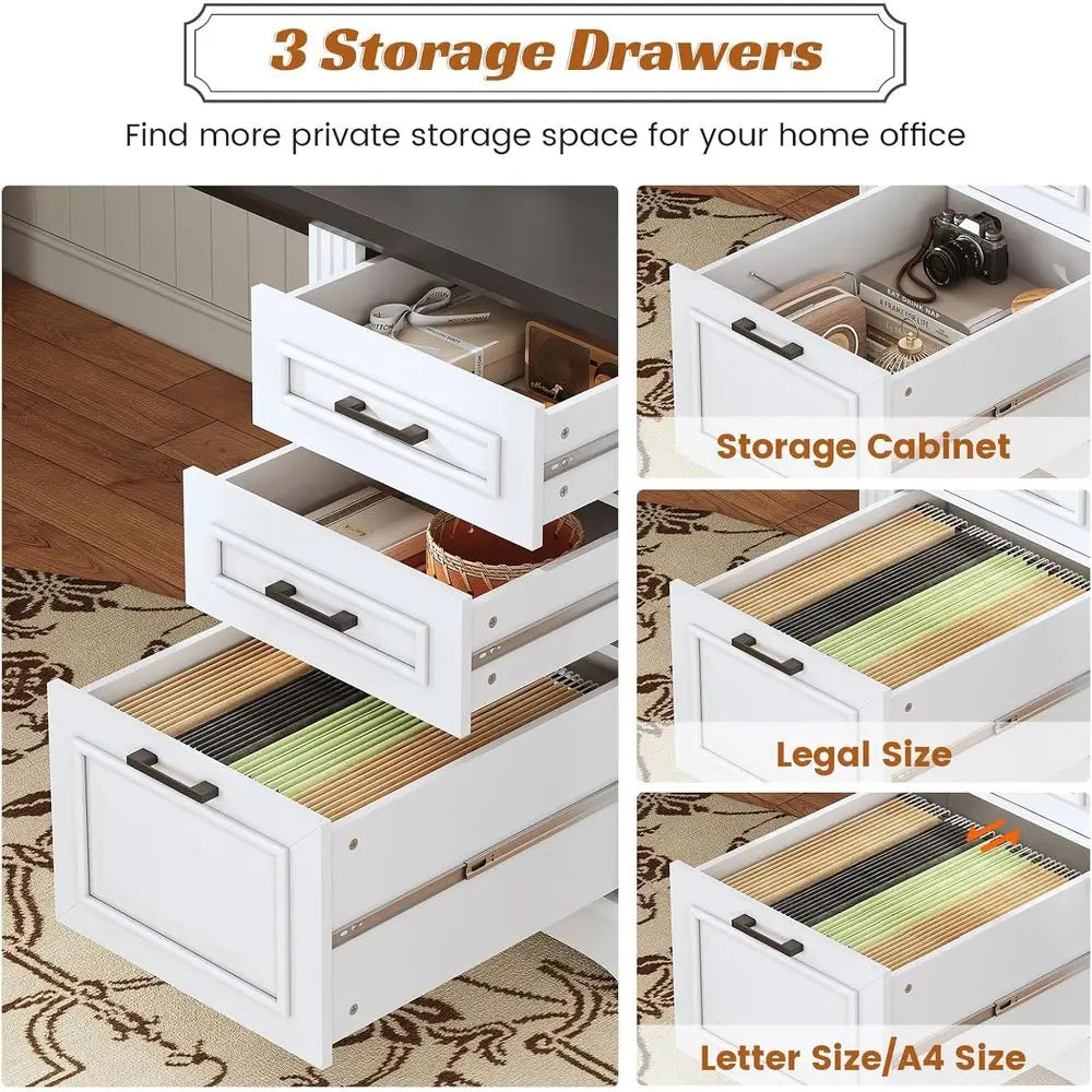 L-Shaped Desk with Drawers, Storage Cabinet, and Power Outlet,