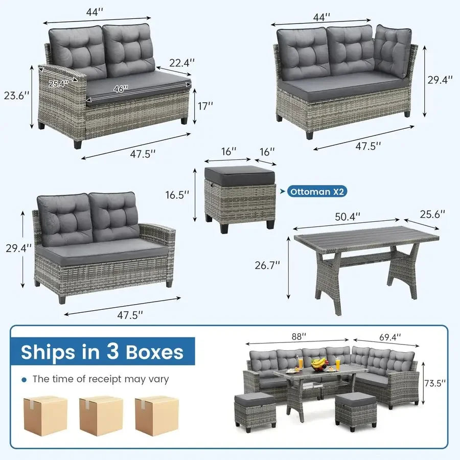 Patio Furniture Set, Outdoor Sectional Sofa with Dining Table and Chairs