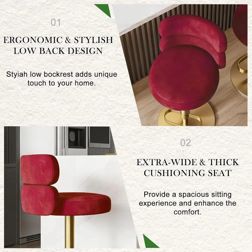 Adjustable Velvet Bar Stool with Gold Base, Red (1 Piece)