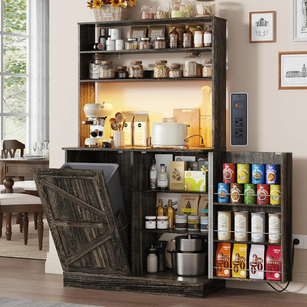 63" H Pantry Cabinets with 10 Gallon Trash Can,Led Light,Outlet,35" W Kitchen Hutch with Tilt Out Trash Can, Customized