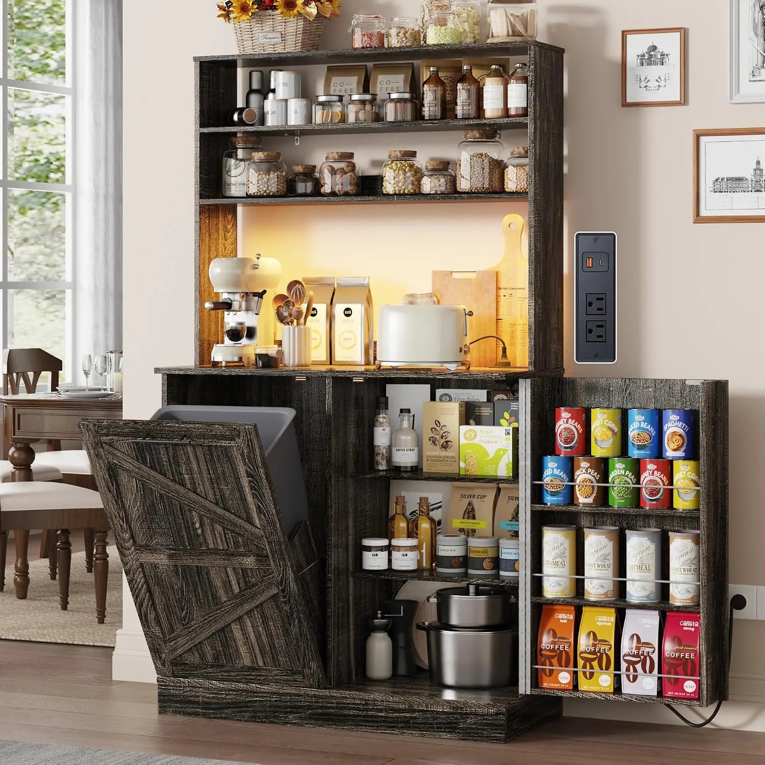 63" H Pantry Cabinets with 10 Gallon Trash Can,Led Light,Outlet,35" W Kitchen Hutch with Tilt Out Trash Can, Customized
