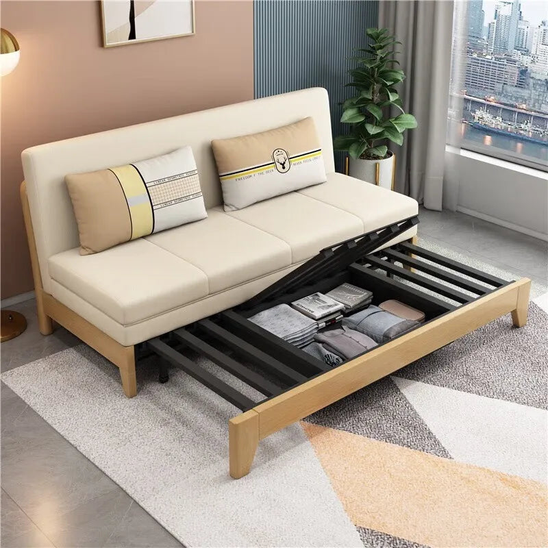 Solid wood sofa bed foldable push-pull sitting and sleeping
