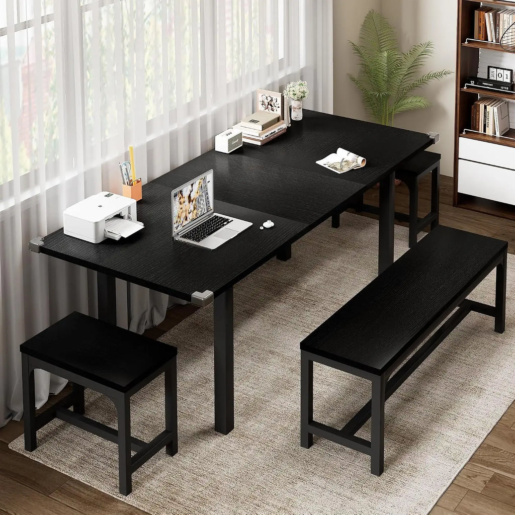 5 Piece Dining Table Set For 4 To 8 People With 2 Benches And 2 Square Stools