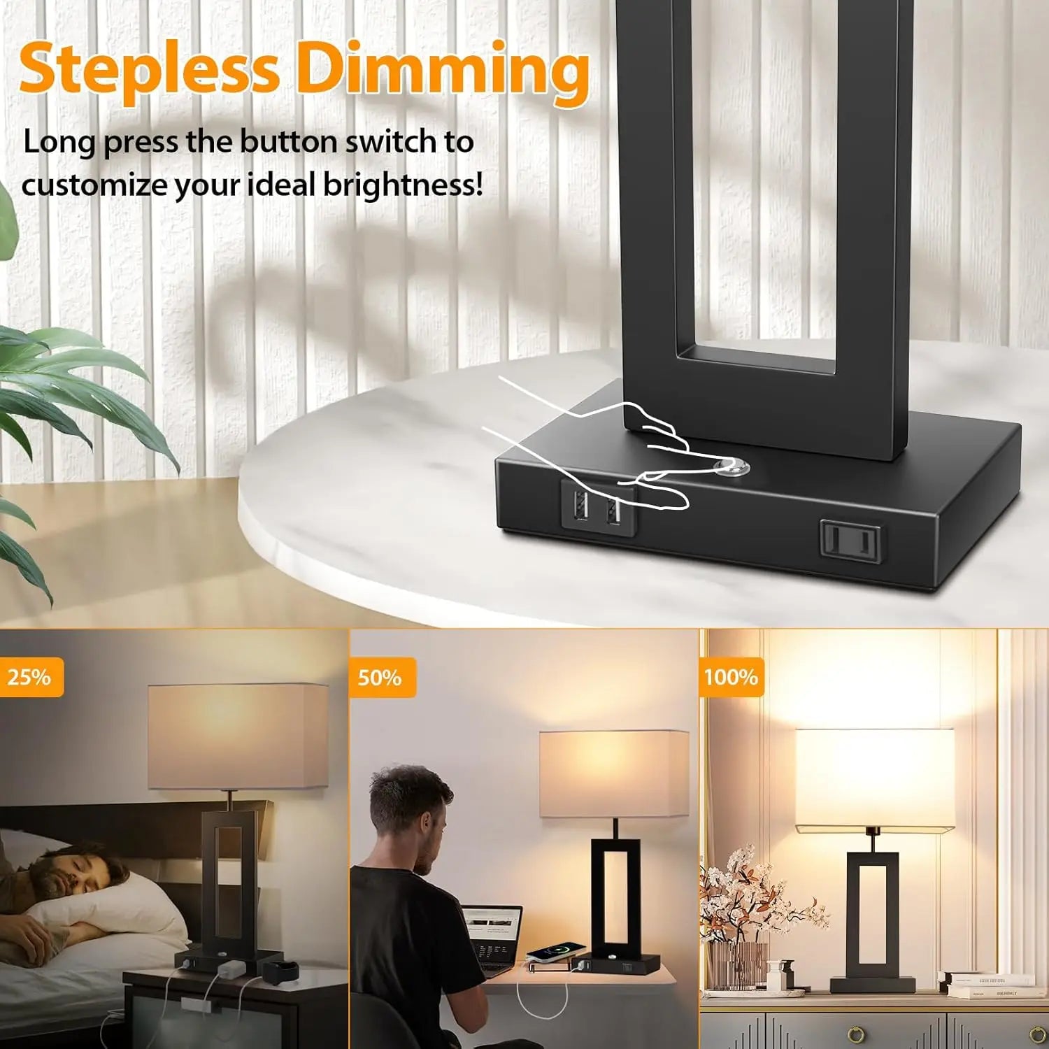 Set of 2 Table Lamps for Bedrooms with Touch Control
