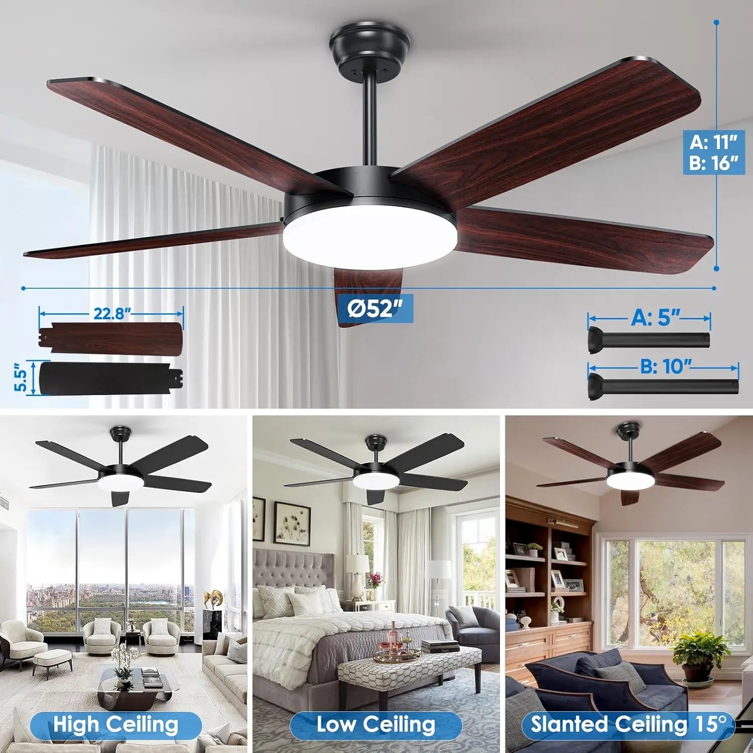 52-Inch Ceiling Fan with Lights, Quiet DC Motor, Dimmable LED, Remote & App Control,