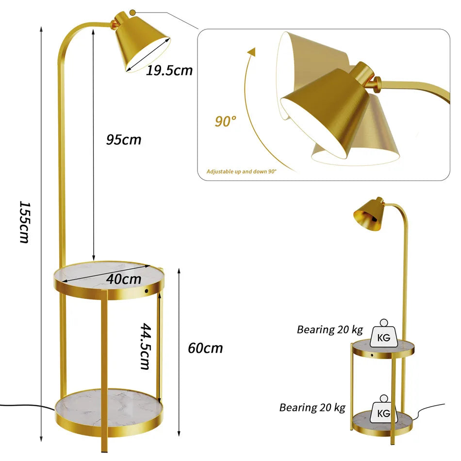 Modern Gold 2-Tier Tall Standing Floor Lamp with Storage Table