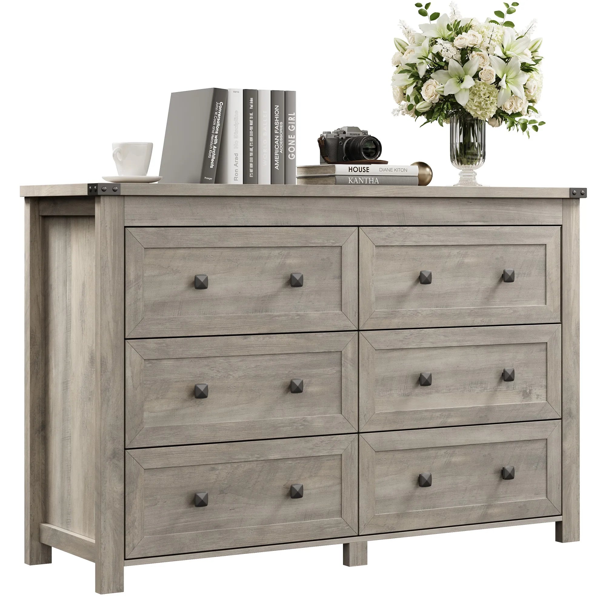 Wood 6 Drawer Dresser, 47" Wide Modern Double Chest of Drawers