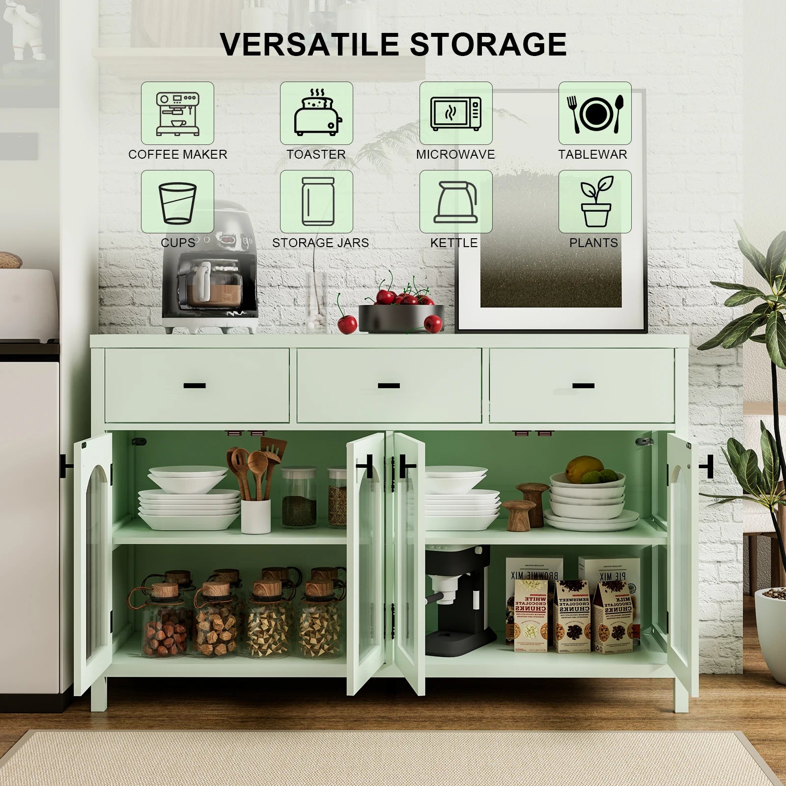 54.4" Sideboard Buffet Cabinet with Storage, Farmhouse Credenza with 3 Drawers & 4 Arched Fluted Glass Doors, Kitchen Coffee Bar for Dining Room, Living Room (Green)