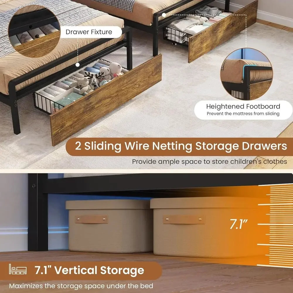 Triple Bunk Bed with Storage Drawers and Charging Station