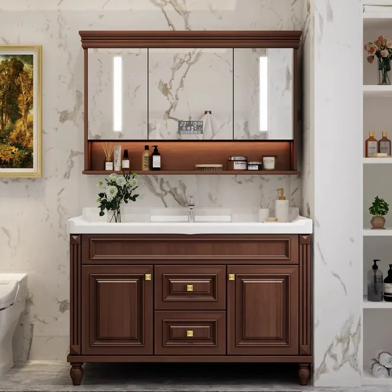 Solid Oak Bathroom Vanity with Ceramic Integrated Modern Smart Mirror