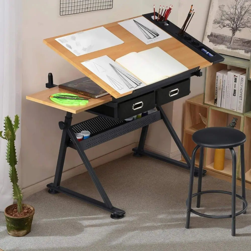 Adjustable Height Artist Desk with Storage Drawers and Stool