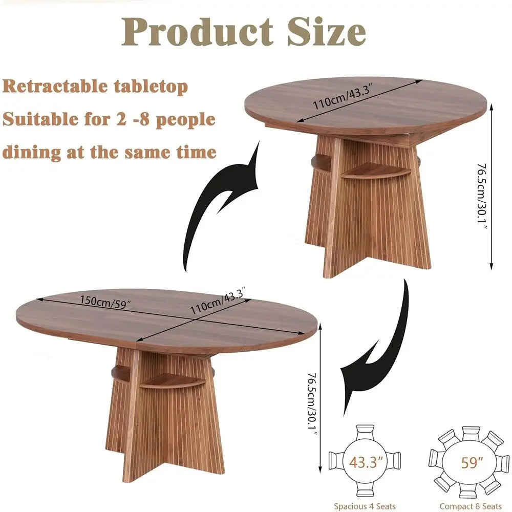 Expandable Round Dining Table 4-8 Seats with Luted Base