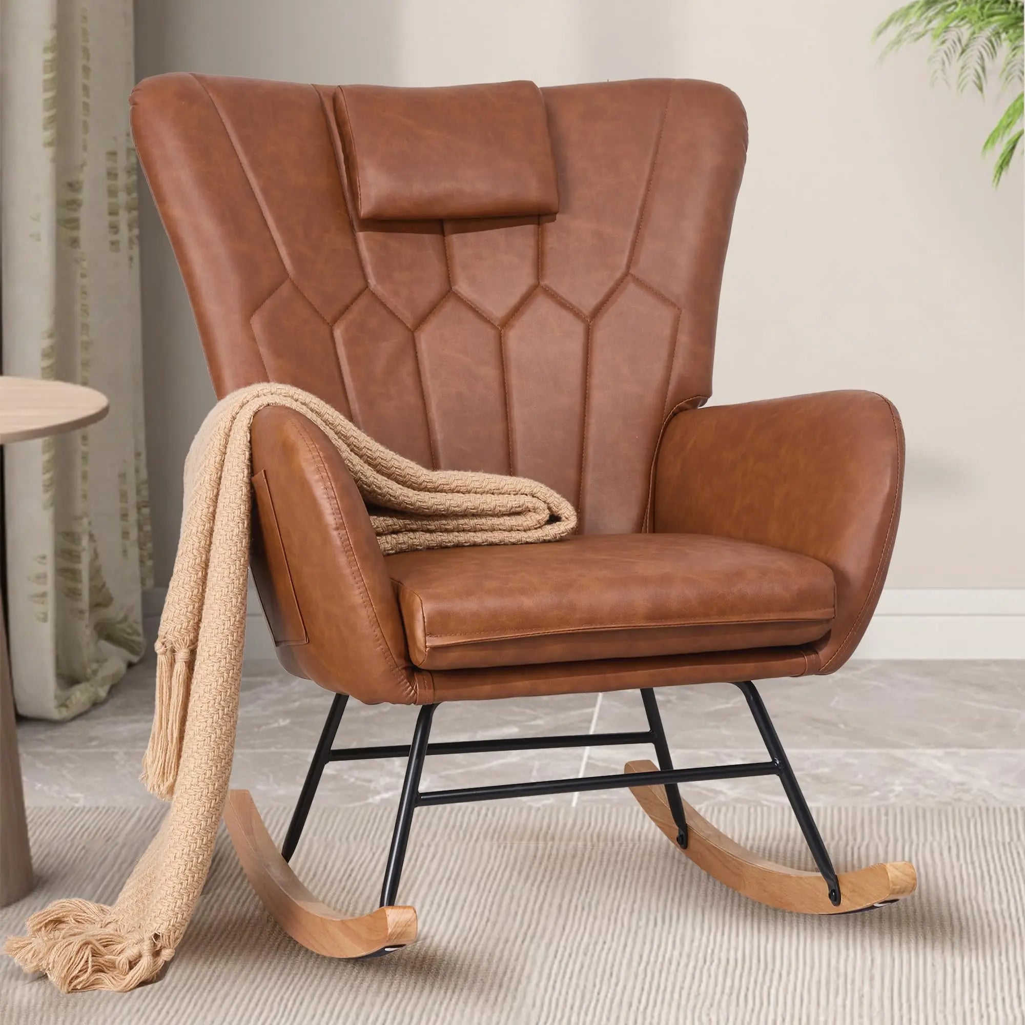 Brown Leather High-Back Rocking Armchair With Quilted Backrest