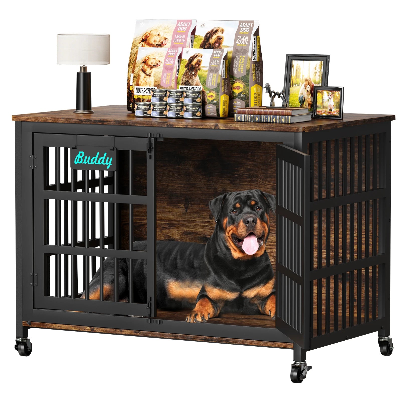 Dog Crate Furniture with Casters, Heavy Duty Dog Kennel