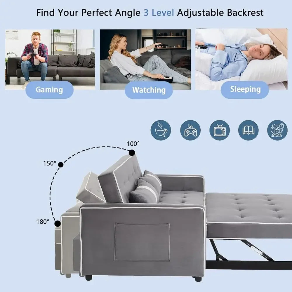 Grey Velvet Convertible Sleeper Sofa Bed