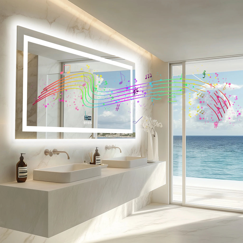 Bathroom Mirror with Dual Lights, Anti-Fog, Bluetooth Speaker Dimmable