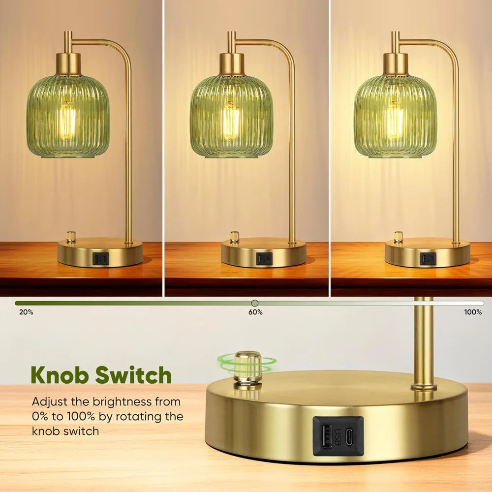 Industrial Table Lamp Set of 2, Green Glass