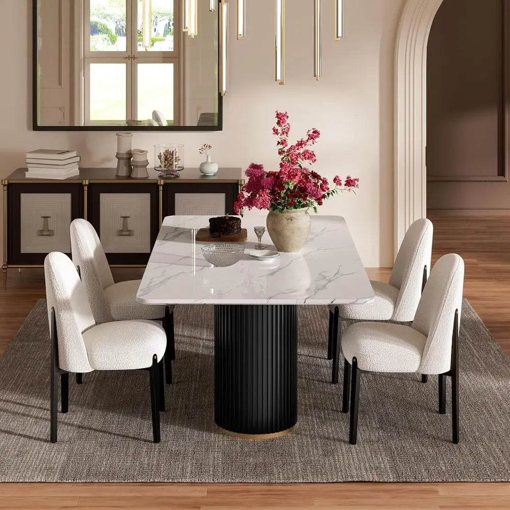 Elegant 70 Marble Dining Table with Black Base and White Top