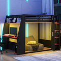 Wooden Gaming Bunk Bed with Desk, Storage Shelves, USB and LED Lighting