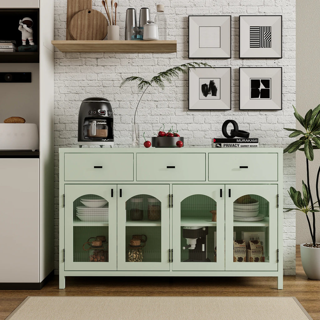 54.4" Sideboard Buffet Cabinet with Storage, Farmhouse Credenza with 3 Drawers & 4 Arched Fluted Glass Doors, Kitchen Coffee Bar for Dining Room, Living Room (Green)