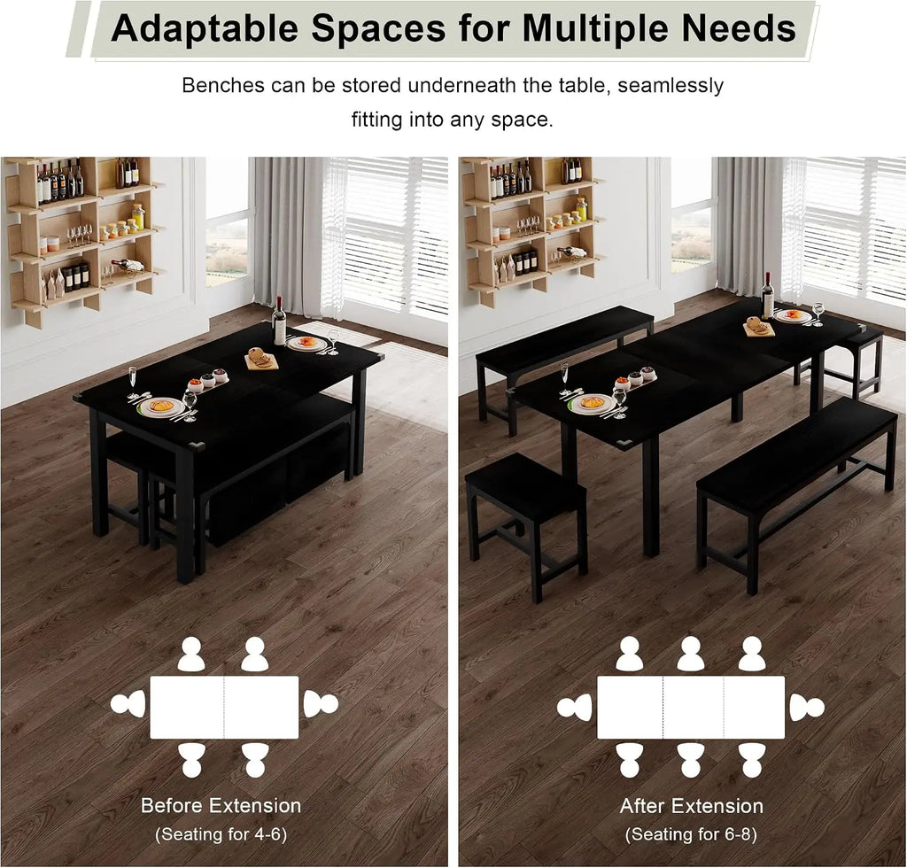 5 Piece Dining Table Set For 4 To 8 People With 2 Benches And 2 Square Stools