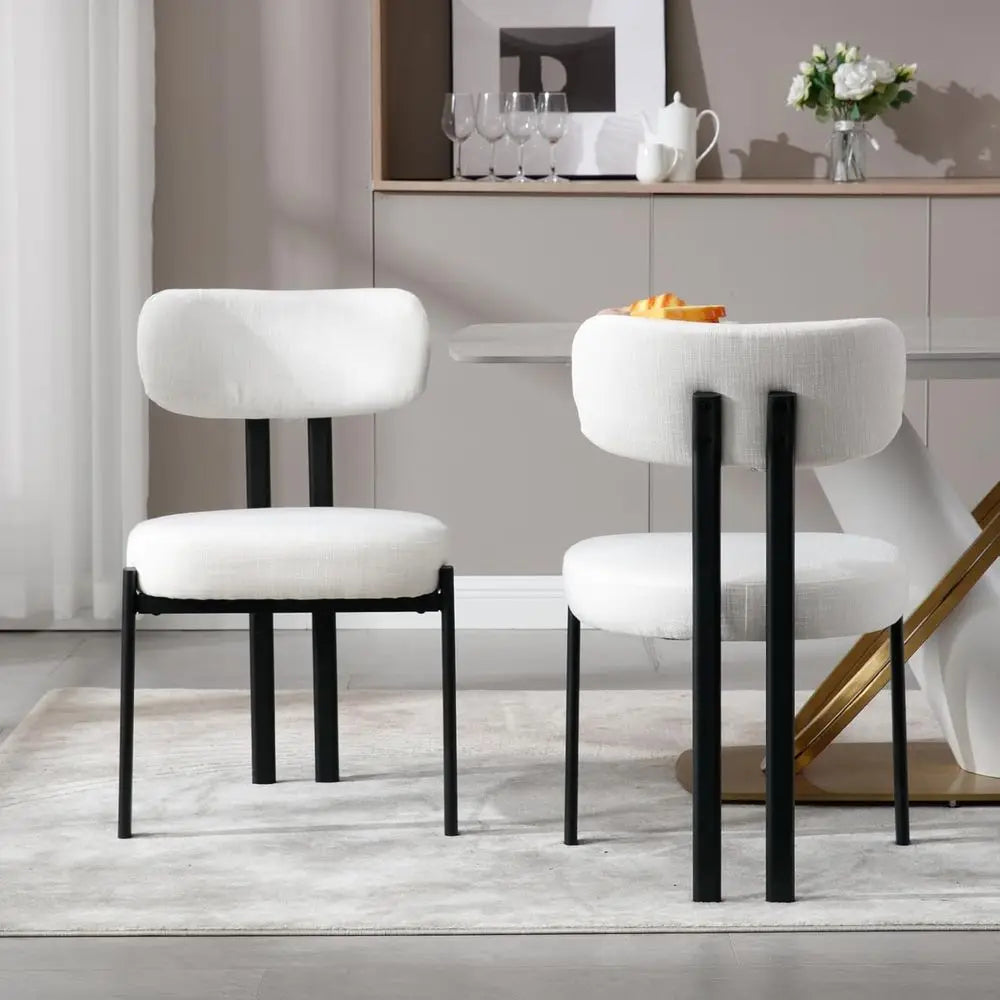 Linen Fabric Dining Chairs Set of 2 with Black Metal Legs