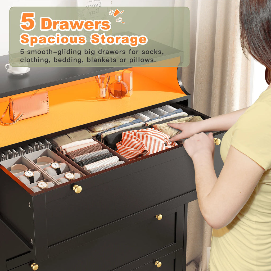 Tall 5 Drawer Dresser with LED Lights and 2 Shelves