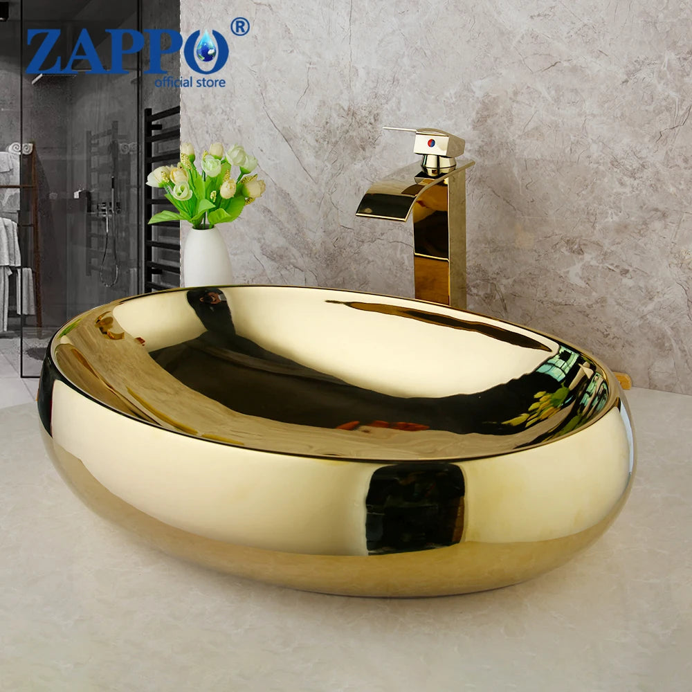23 Inch Bathroom Vessel Sink Gold Ceramic Bowl
