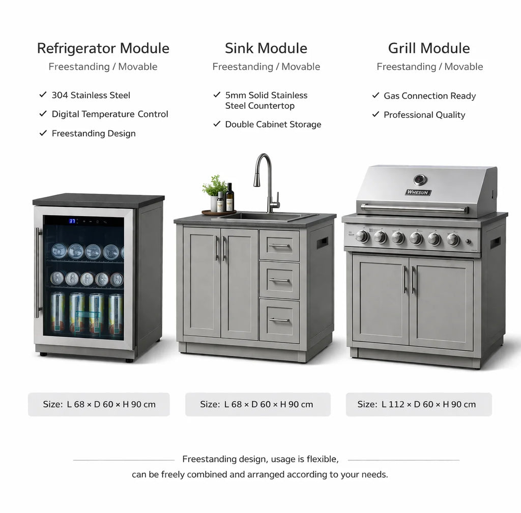 L Shaped Outdoor Kitchen Island Set with Built-in BBQ Grill and Storage Drawers Prefab Patio Cooking Station