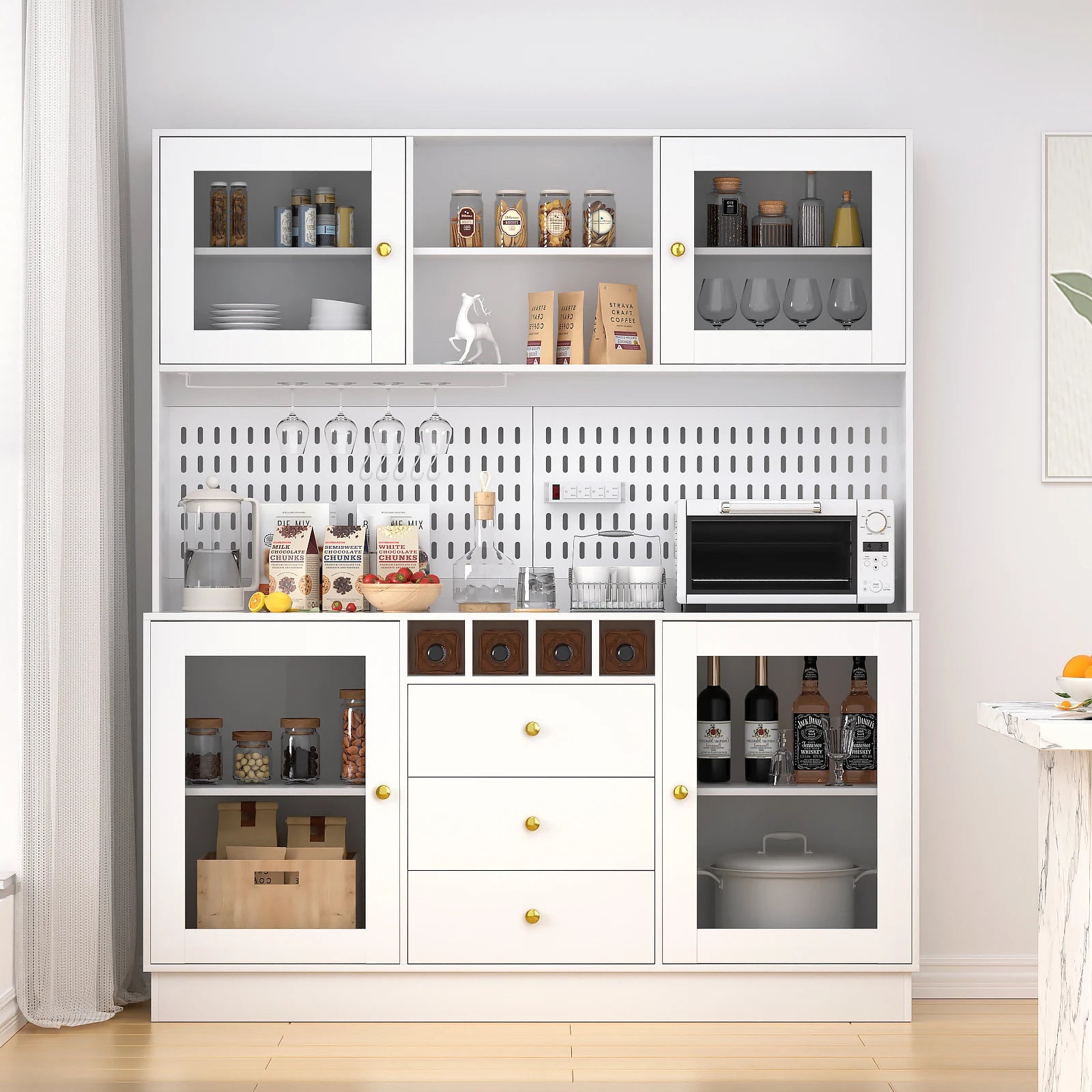 Kitchen Storage Cabinet, Buffet Hutch with Pegboard, Cup Holder