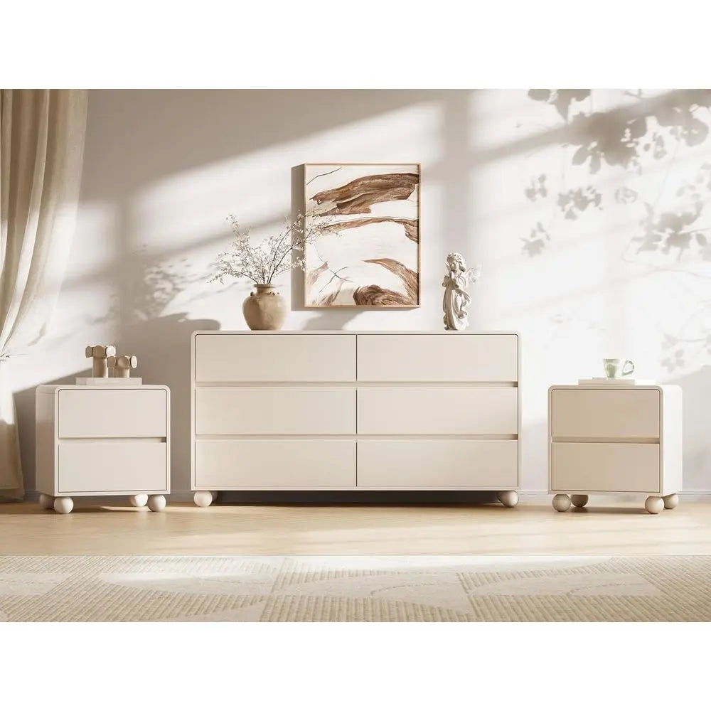 3-Piece Bedroom Set: 6-Drawer Dresser & 2 Nightstands with Curved Design