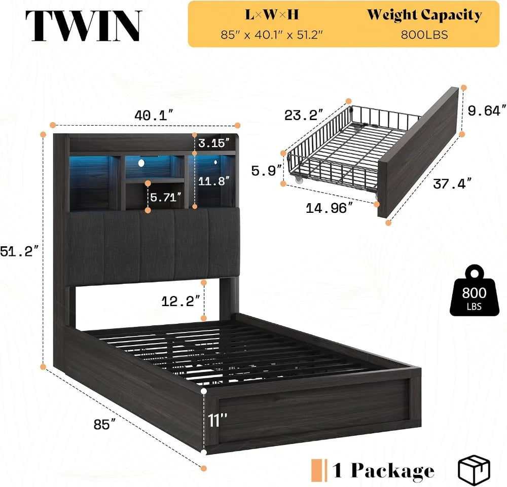 Twin Farmhouse Bed Frame with Bookcase Headboard,