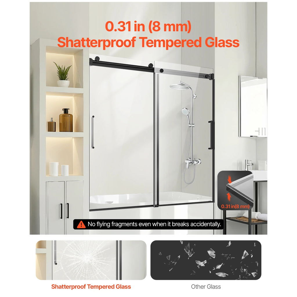 SucceBuy Frameless Sliding Bathtub Door 56-60 in. W x 60in.H Frameless Shower Glass Door Double Sliding Tub Door w/ 5/16in Glass