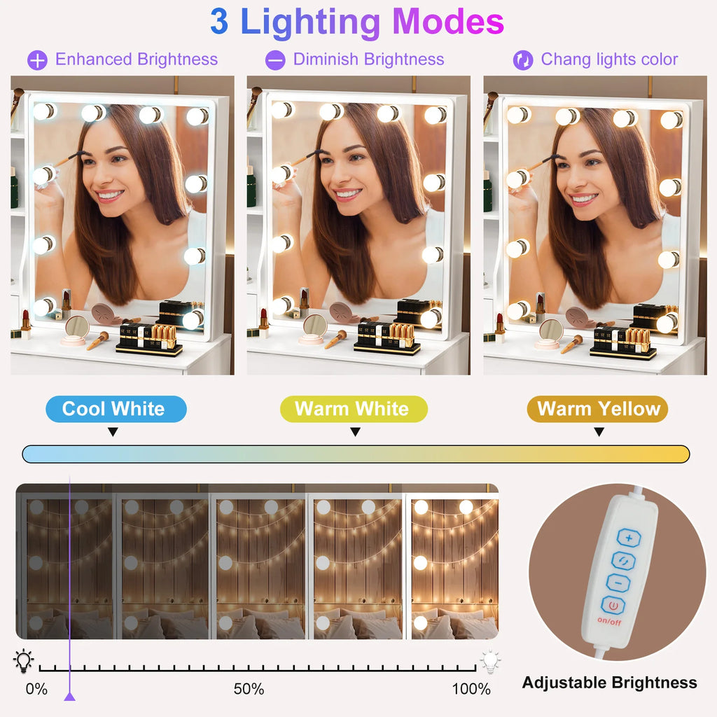 White LED Makeup Vanity Set with Sliding Mirror