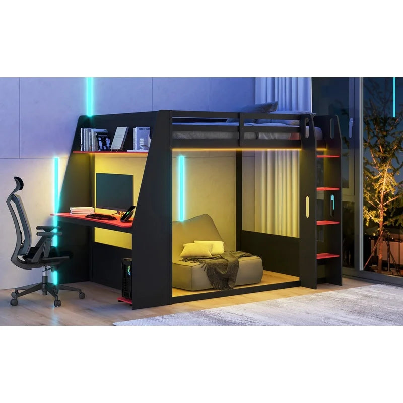 Wooden Gaming Bunk Bed with Desk, Storage Shelves, USB and LED Lighting