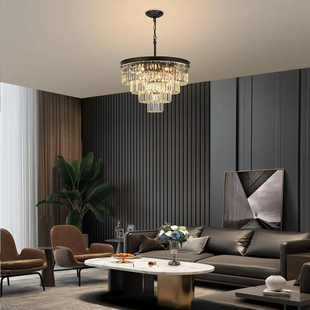 Layered Round Crystal Chandelier 15 Light Black Modern Dining Living Room Bedroom Entryway Kitchen Island 24 Inch