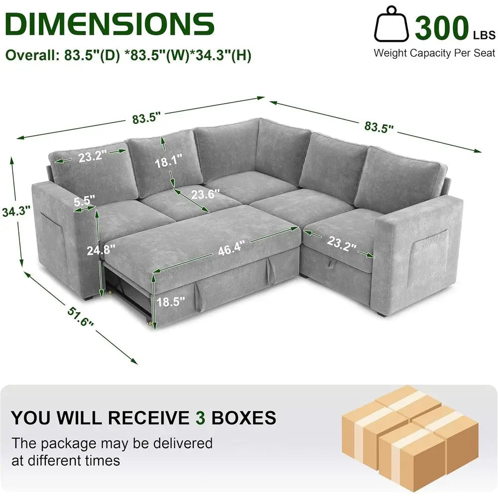 83.5 L-Shaped Sleeper Sofa – 5-Seat Sectional with Pull-Out Bed