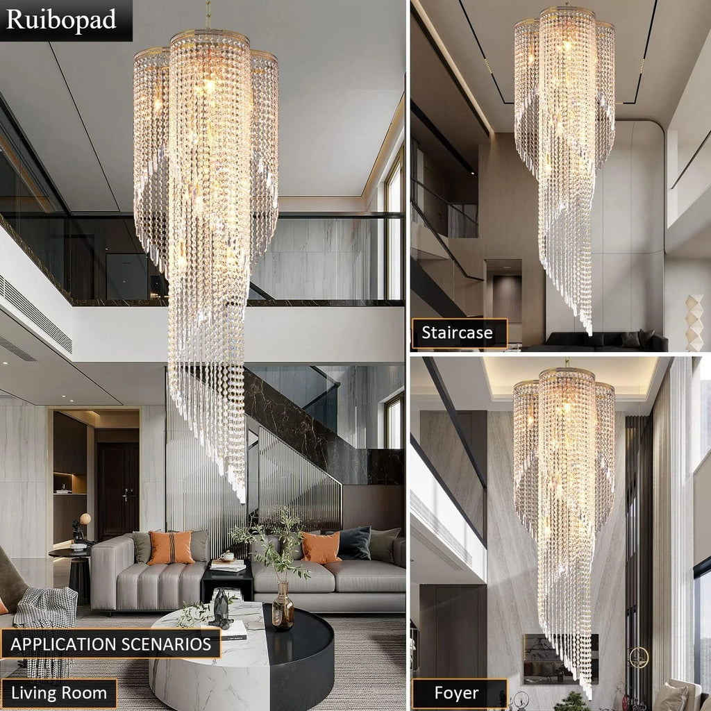 Large Spiral Crystal Beaded Chandelier for High Ceiling