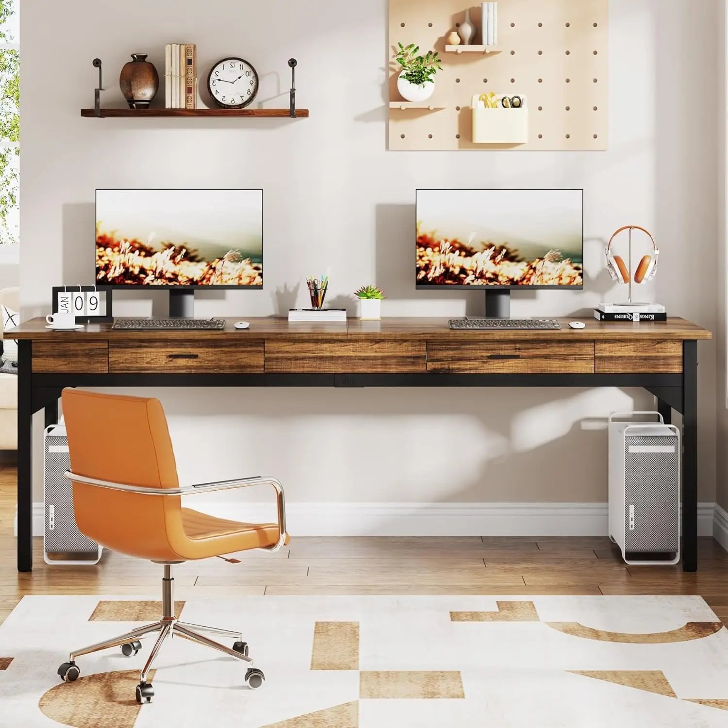 Computer Desk, Double Long Desk with 2 Drawers