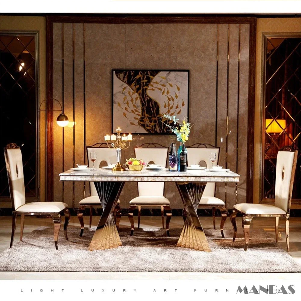 Luxury Dining Set: 6 Stainless Leather Chairs and Rectangle Marble Sea Shell Table