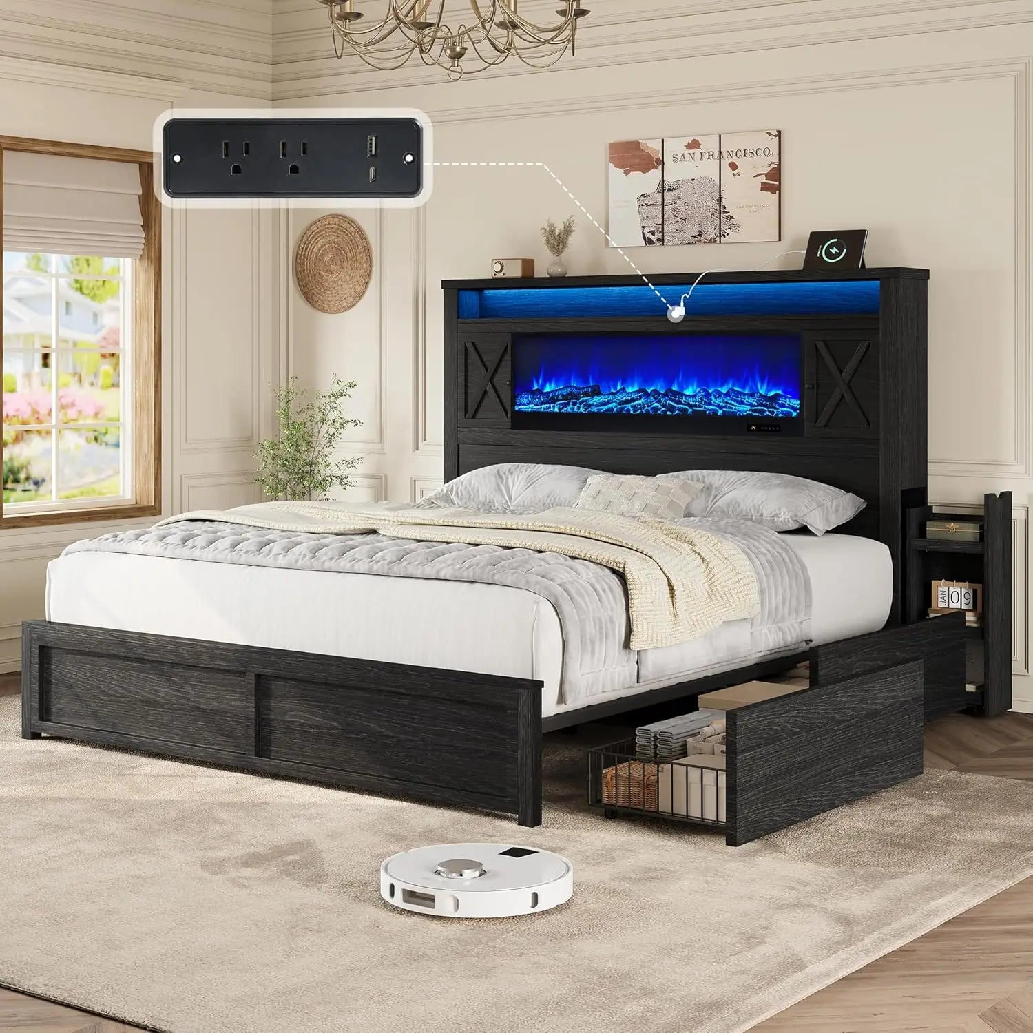 Queen Fireplace Platform Bed with Headboard 4 Drawers RGB LED Charging