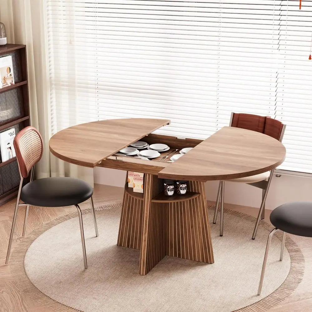 Expandable Round Dining Table 4-8 Seats with Luted Base