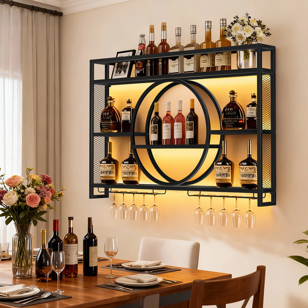 Wall-Mounted Metal Wine Rack & Bar Shelf