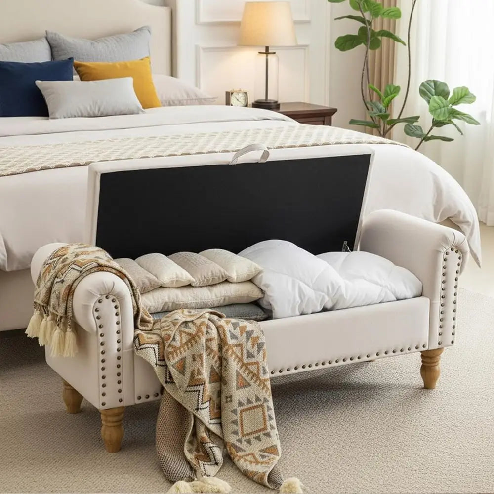 Linen Upholstered Storage Ottoman, Bedroom End of Bed Bench with Rolled Arms