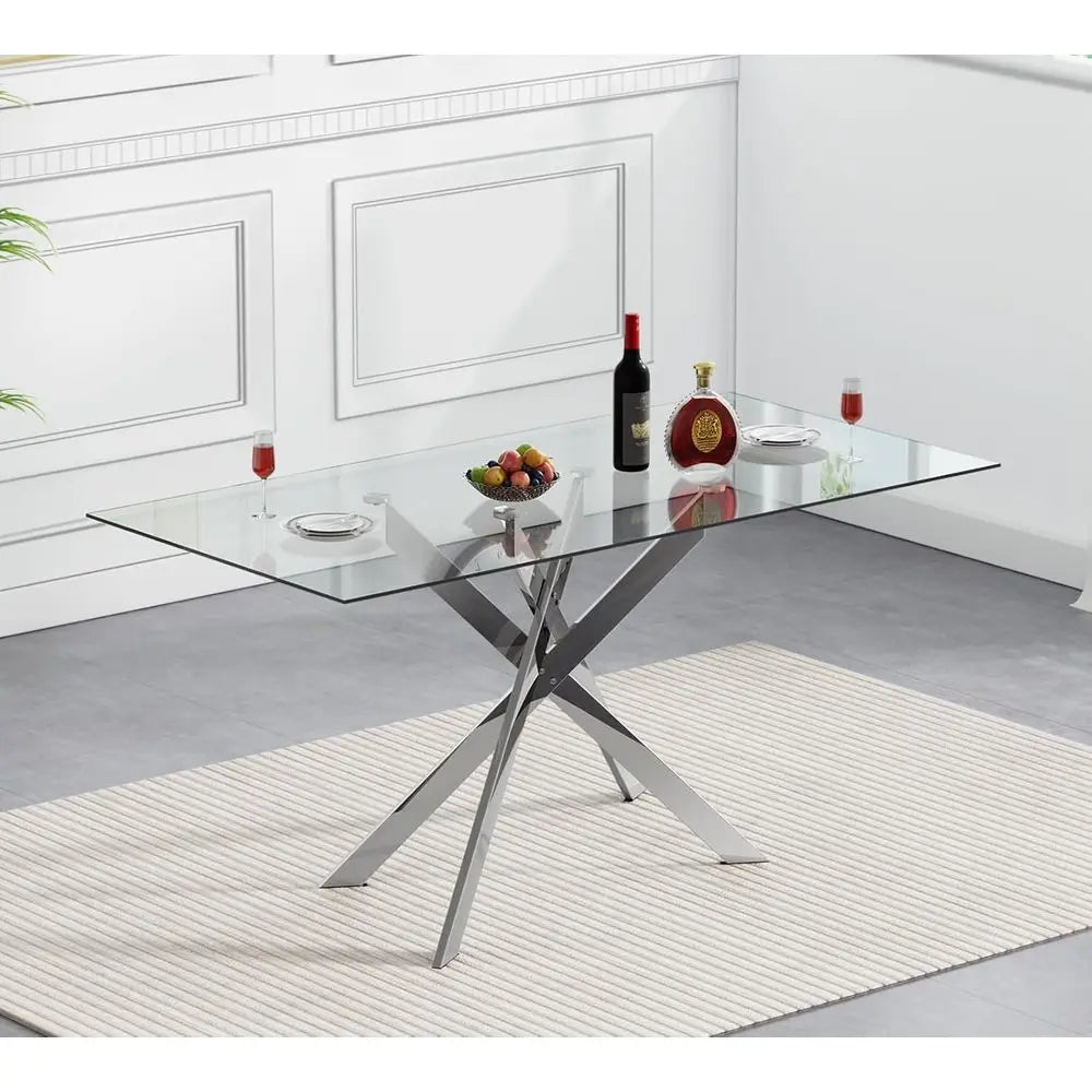 Modern Tempered Glass Dining Table for 4-6, Silver Metal Legs, Suitable for Home Kitchen