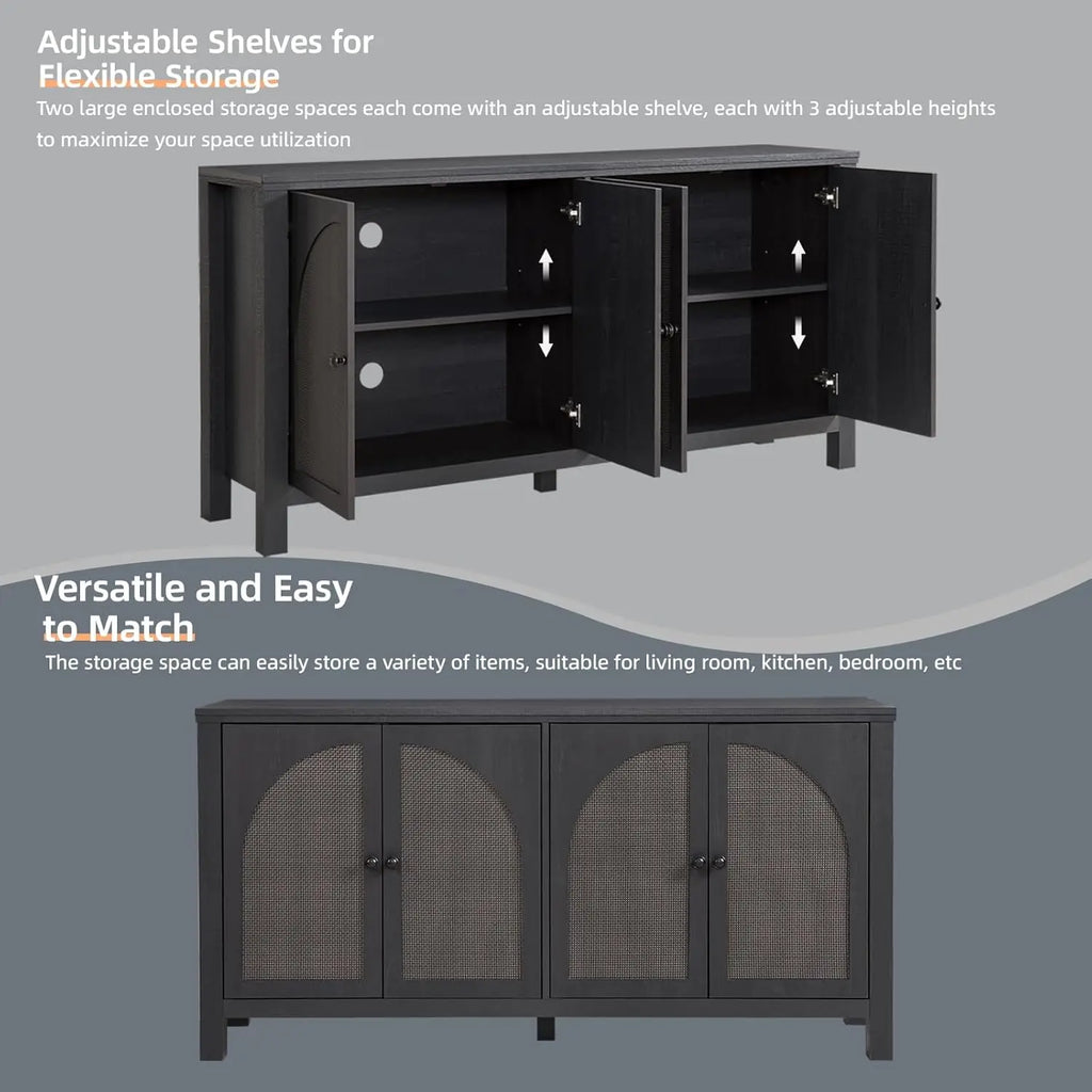 Black Rattan Sideboard Buffet Cabinet With Storage